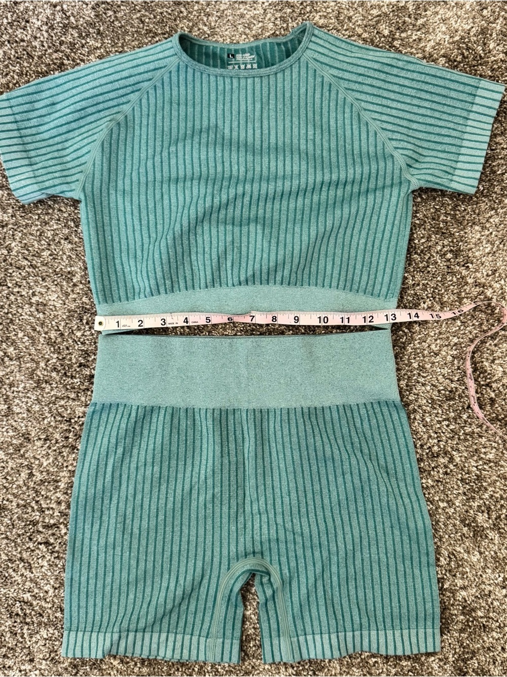 OQQ 2-Piece Ribbed Workout Set - Teal, Size Large